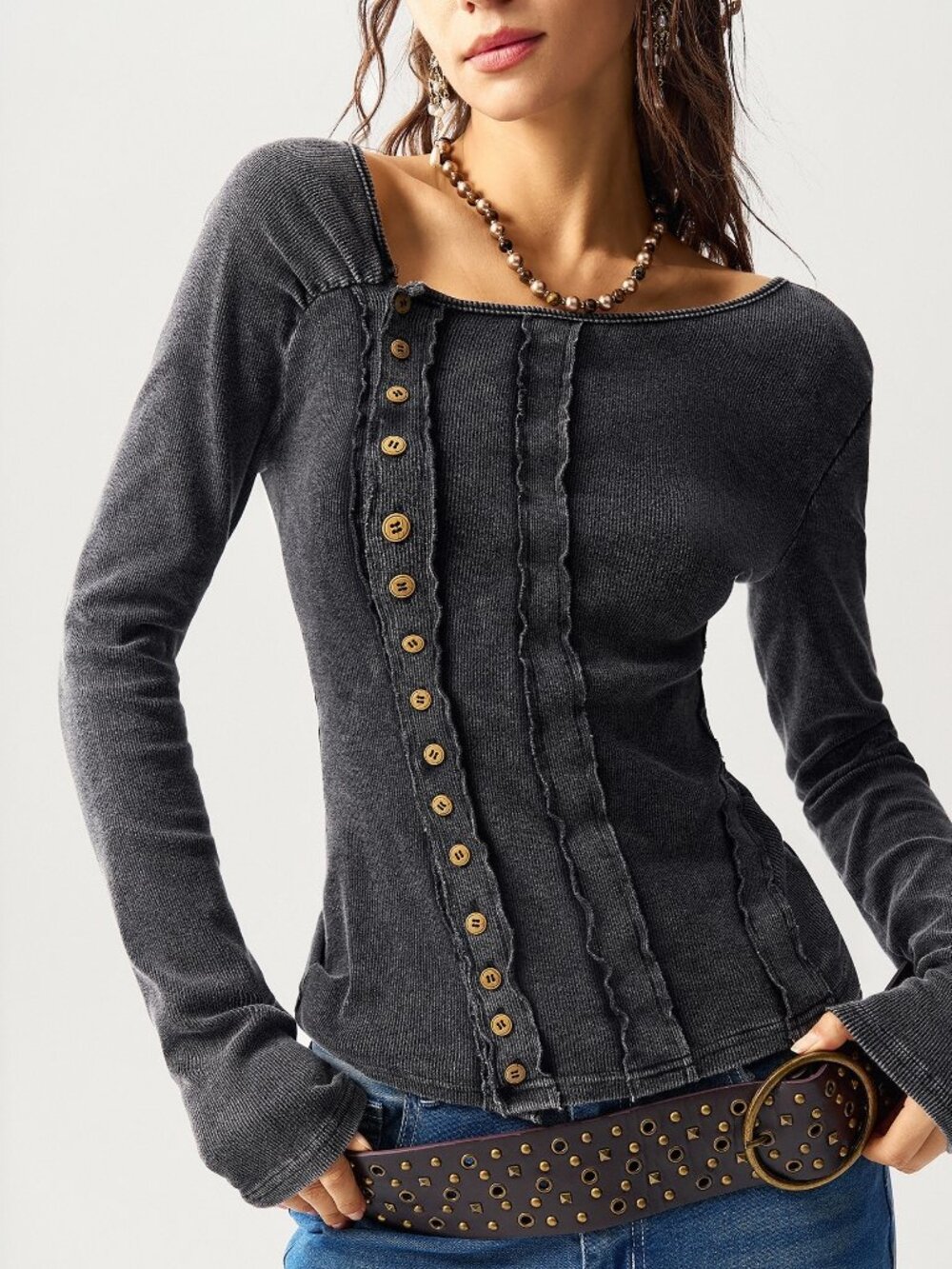 Black Casual Women's Knit Neckline Design Long Sleeve Fitted Washed T-Shirt
